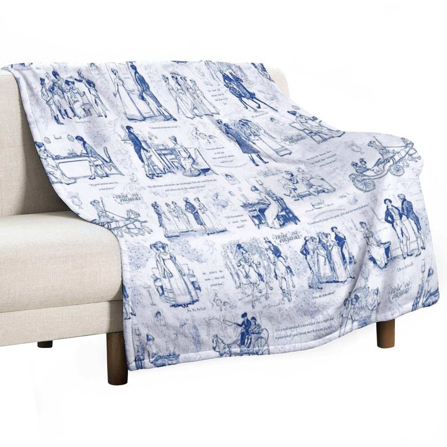 Pride And Prejudice Blue Toile Illustrations Quotes Pattern Throw Blanket
