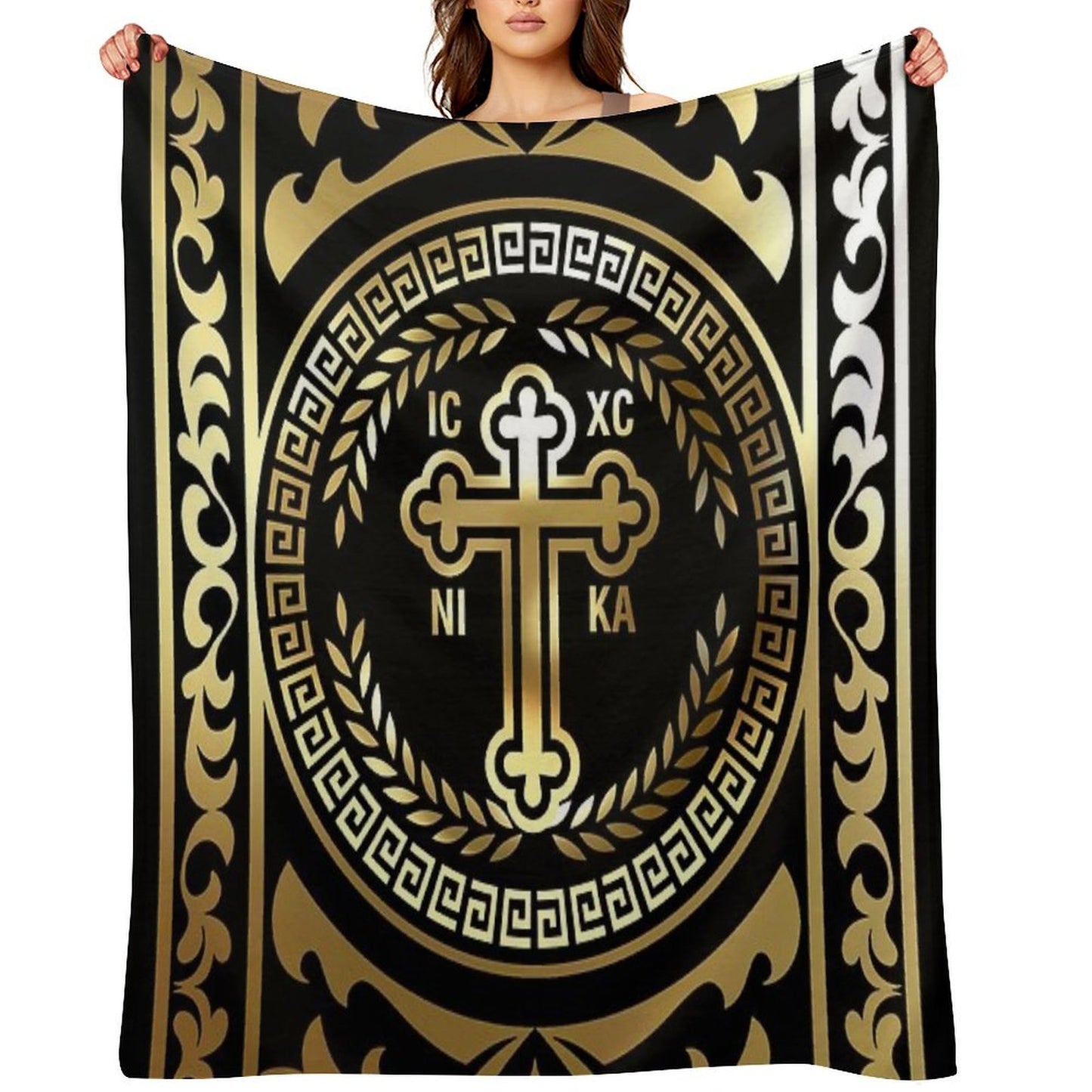 Ornate Baroque Gold Black Gold Greek Orthodox Cross Throw Blanket