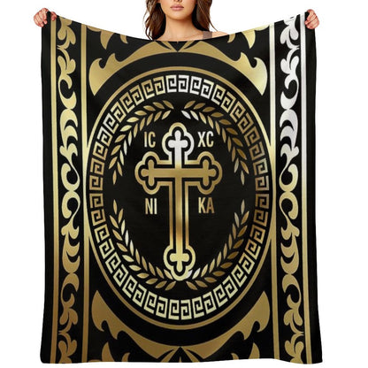 Ornate Baroque Gold Black Gold Greek Orthodox Cross Throw Blanket