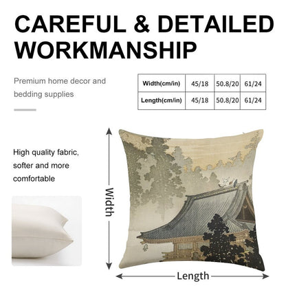 Pagoda - Japanese Art 1900s Linen Throw Pillow Cover