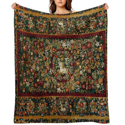 Medieval Unicorn Floral Tapestry Throw Blanket
