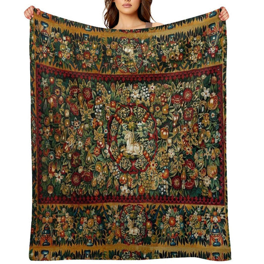 Medieval Unicorn Floral Tapestry Throw Blanket
