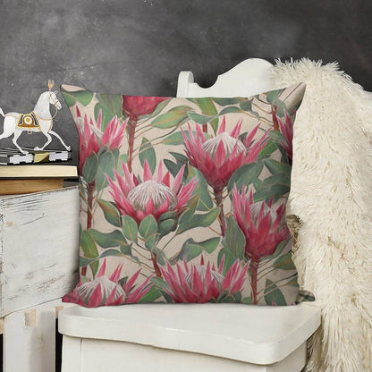 Painted King Proteas on Cream Linen Throw Pillow Cover