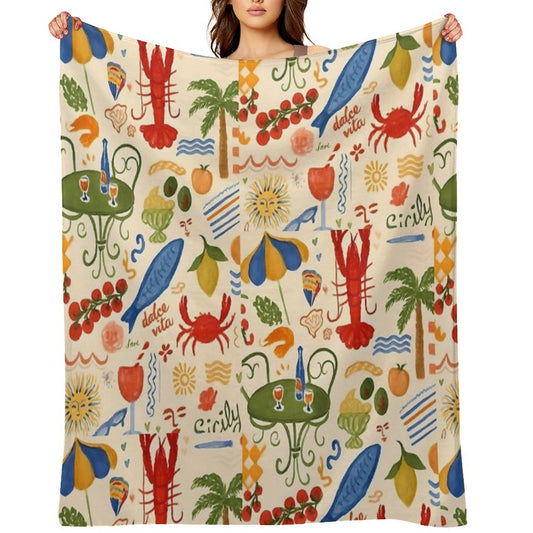 A Dolce Vita – Italian Summer Pattern with Seafood & Sun Throw Blanket