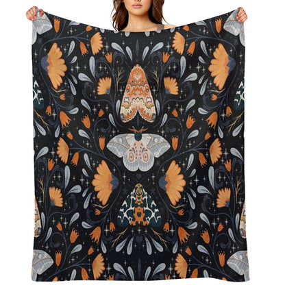 Floral Moths  Black Throw Blanket