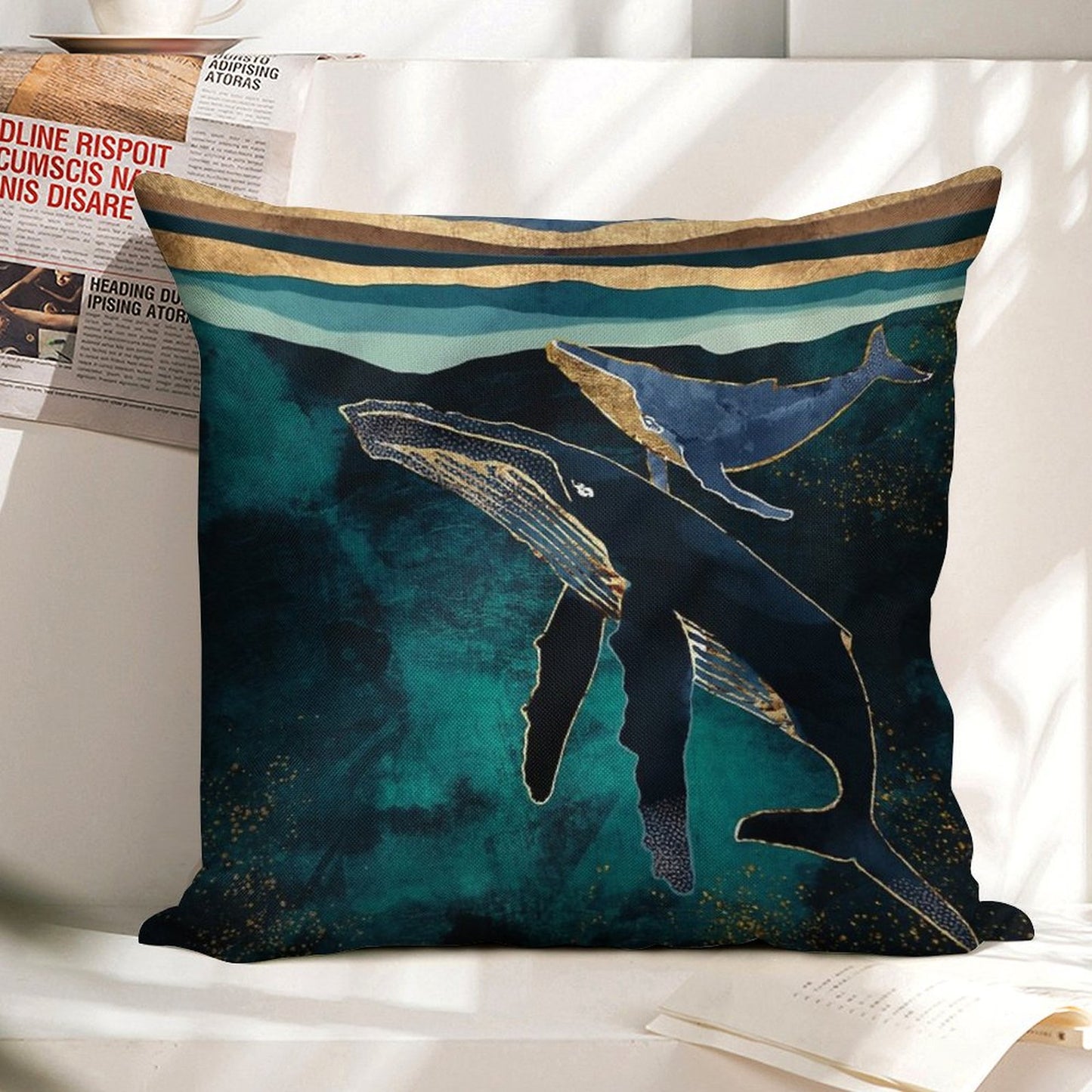 Moonlit Whales Linen Throw Pillow Cover