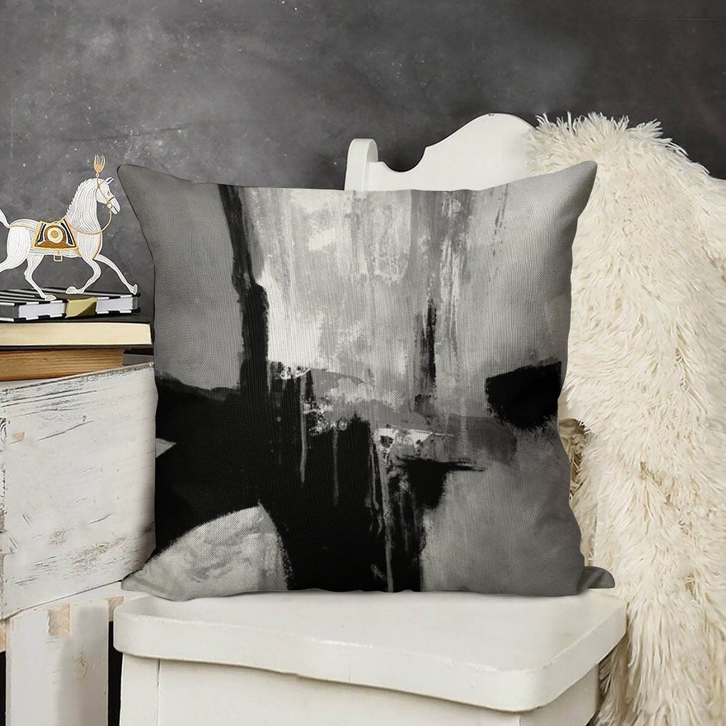 Black White Horizontal Abstract Linen Throw Pillow Cover