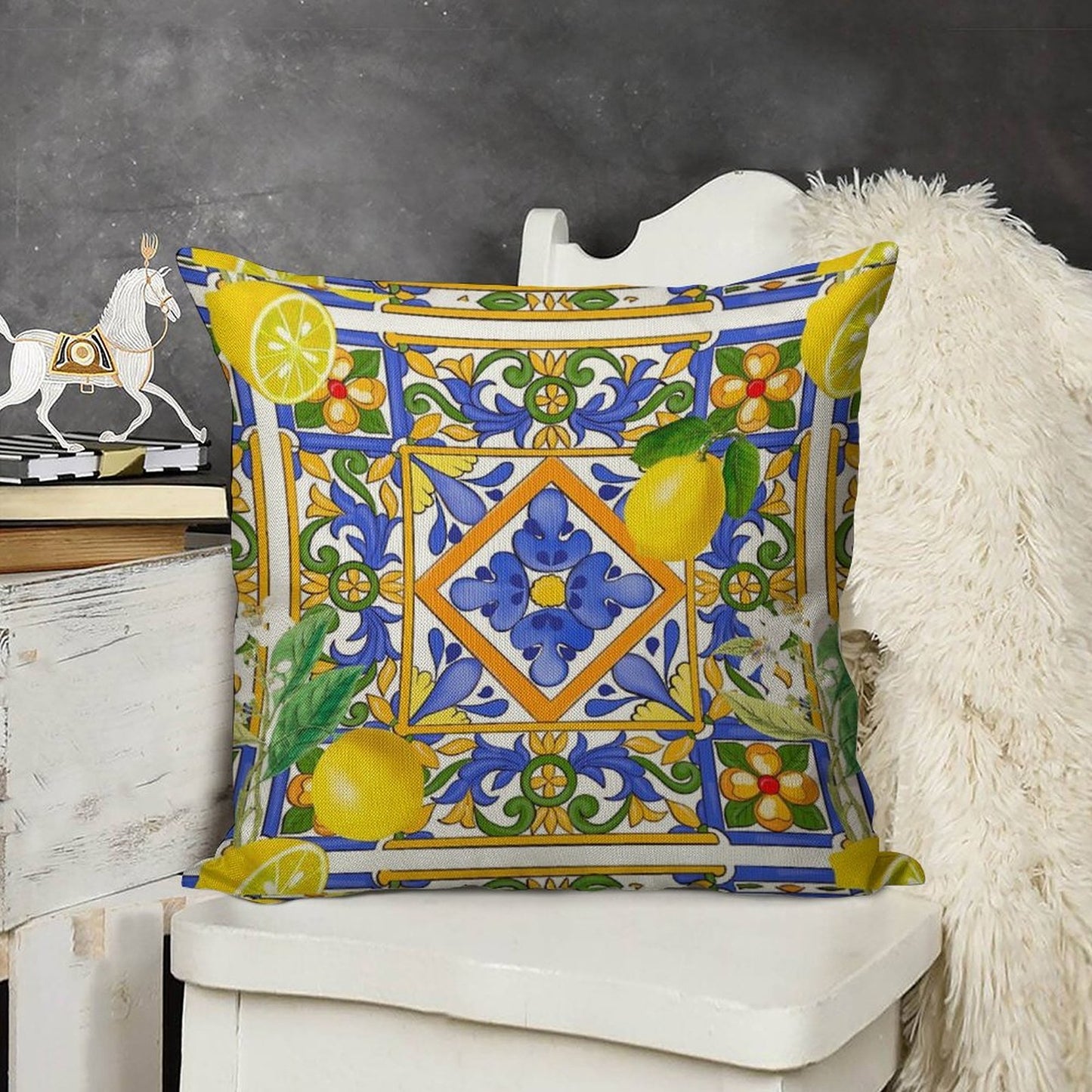 Summer ,Sicilian Tiles ,citrus,oranges,majolica,lemons ,Mediterranean Linen Throw Pillow Cover