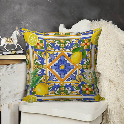 Summer ,Sicilian Tiles ,citrus,oranges,majolica,lemons ,Mediterranean Linen Throw Pillow Cover
