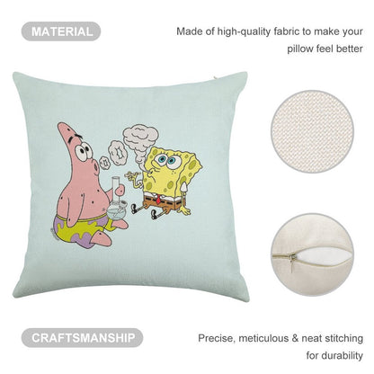 Spongebob And Patrick Smoking Weed Cannabis Cartoon Art Linen Throw Pillow Cover