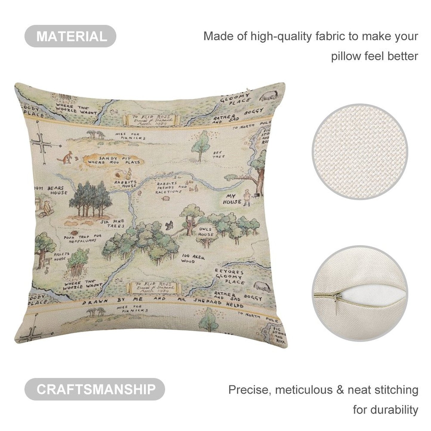 Hundred Acre Wood Map Linen Throw Pillow Cover