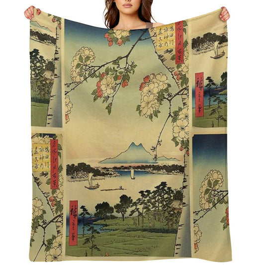 Japanese Print with A Lake And Mountains Throw Blanket