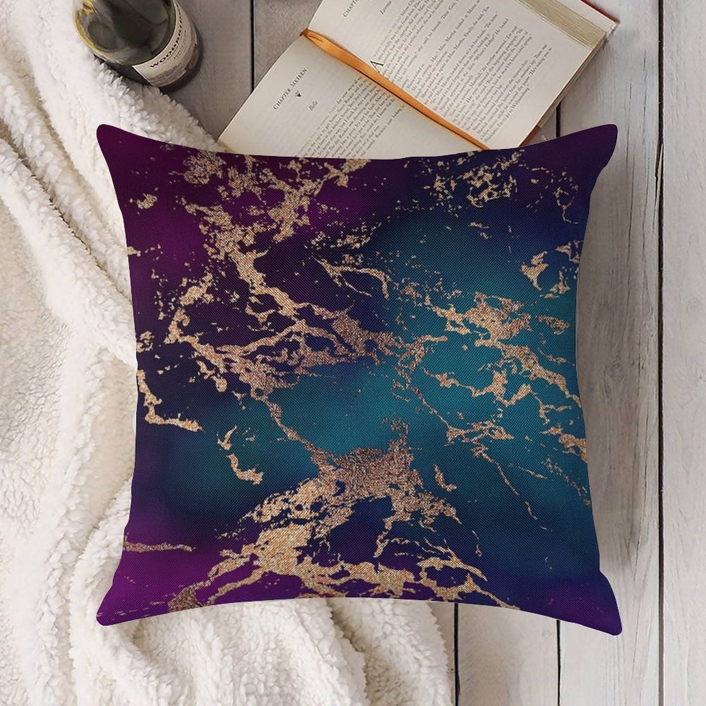 Jewel Tone Rose Gold Marble  Turquoise Blue And Purple Linen Throw Pillow Cover