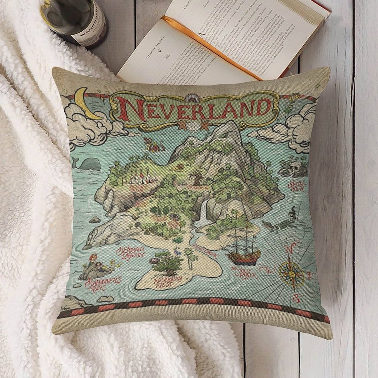 Neverland Map Linen Throw Pillow Cover