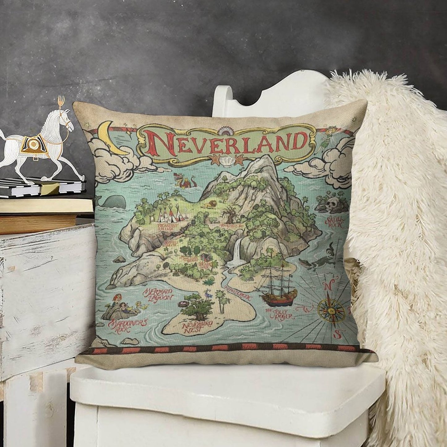 Neverland Map Linen Throw Pillow Cover