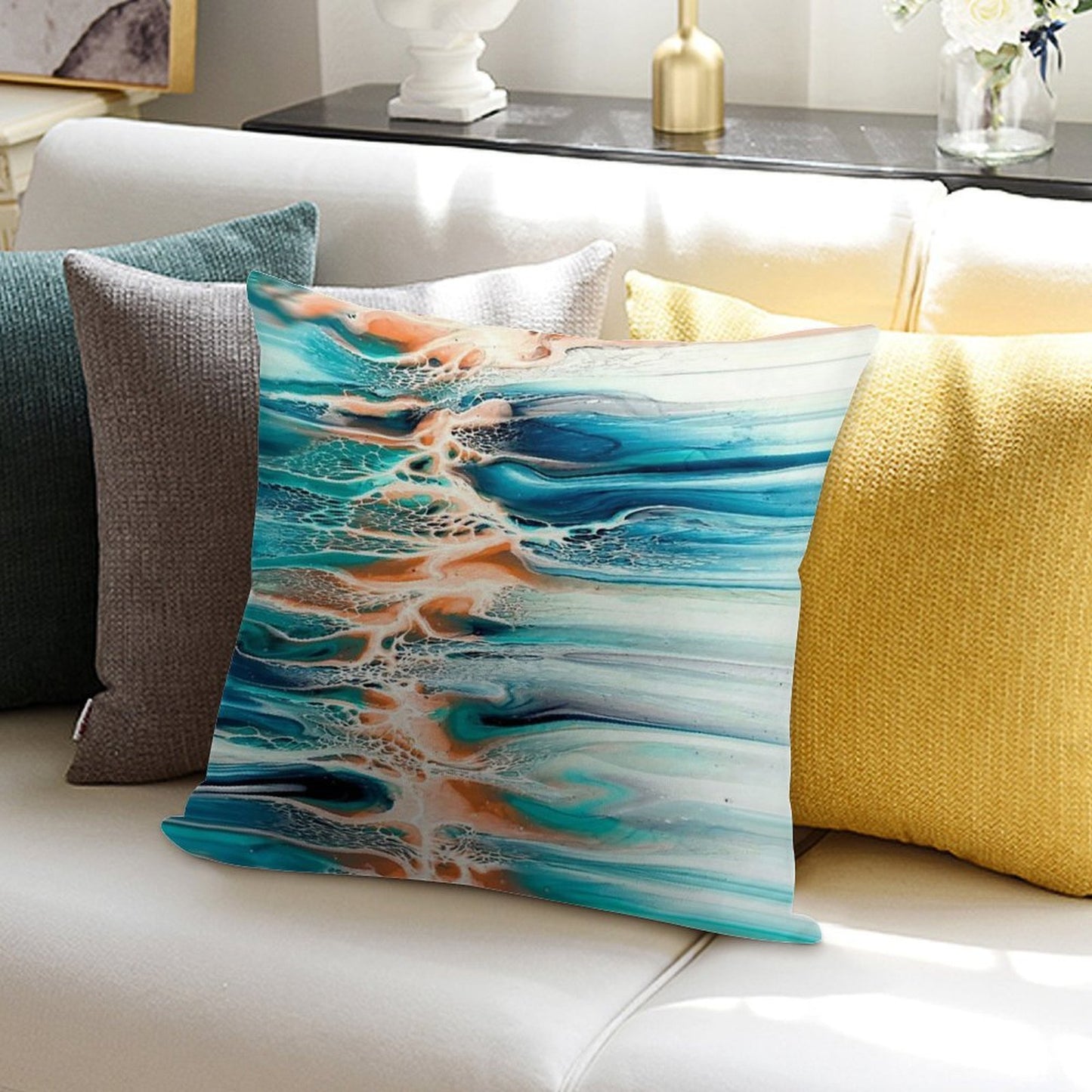 Coral, Blue, Teal, And Grey Ocean Inspired Abstract Fluid Art Soft Ultra-Soft Texture Throw Pillow