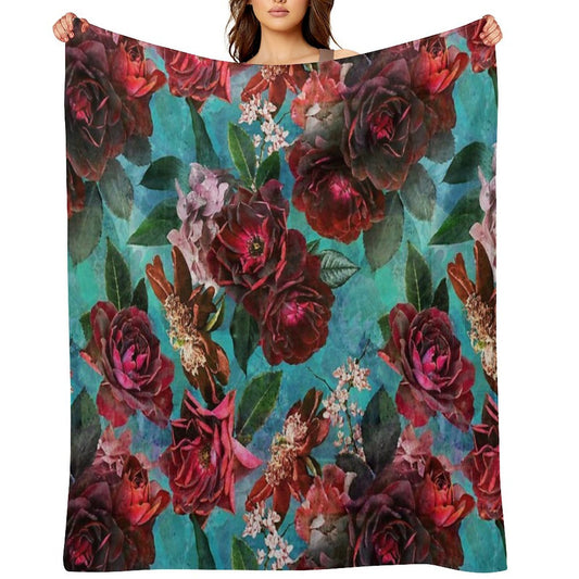 Turquoise Vintage Summer Roses Botanical Garden NightGarden Throw Blanket