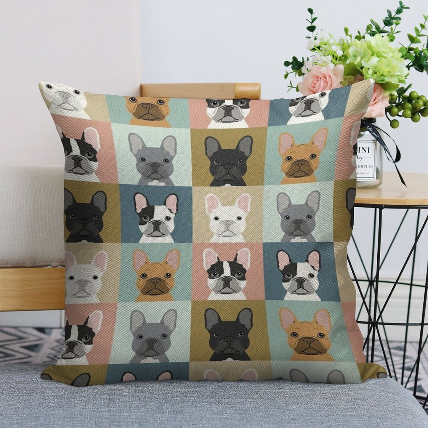 French Bulldog Portraits Pattern Dog Person Gift Love Animal Pet Puppy Frenchie Bulldog Valentines Linen Throw Pillow Cover