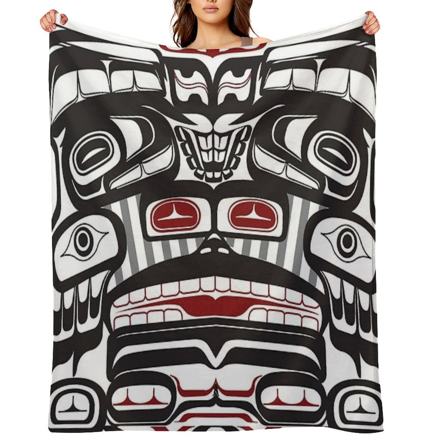 Thunderbird Bear Orca Totem Pole, Coastal Salish Haida Pacific North West Formline Design Native American Throw Blanket