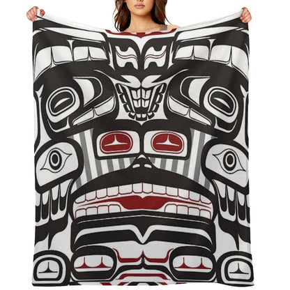 Thunderbird Bear Orca Totem Pole, Coastal Salish Haida Pacific North West Formline Design Native American Throw Blanket
