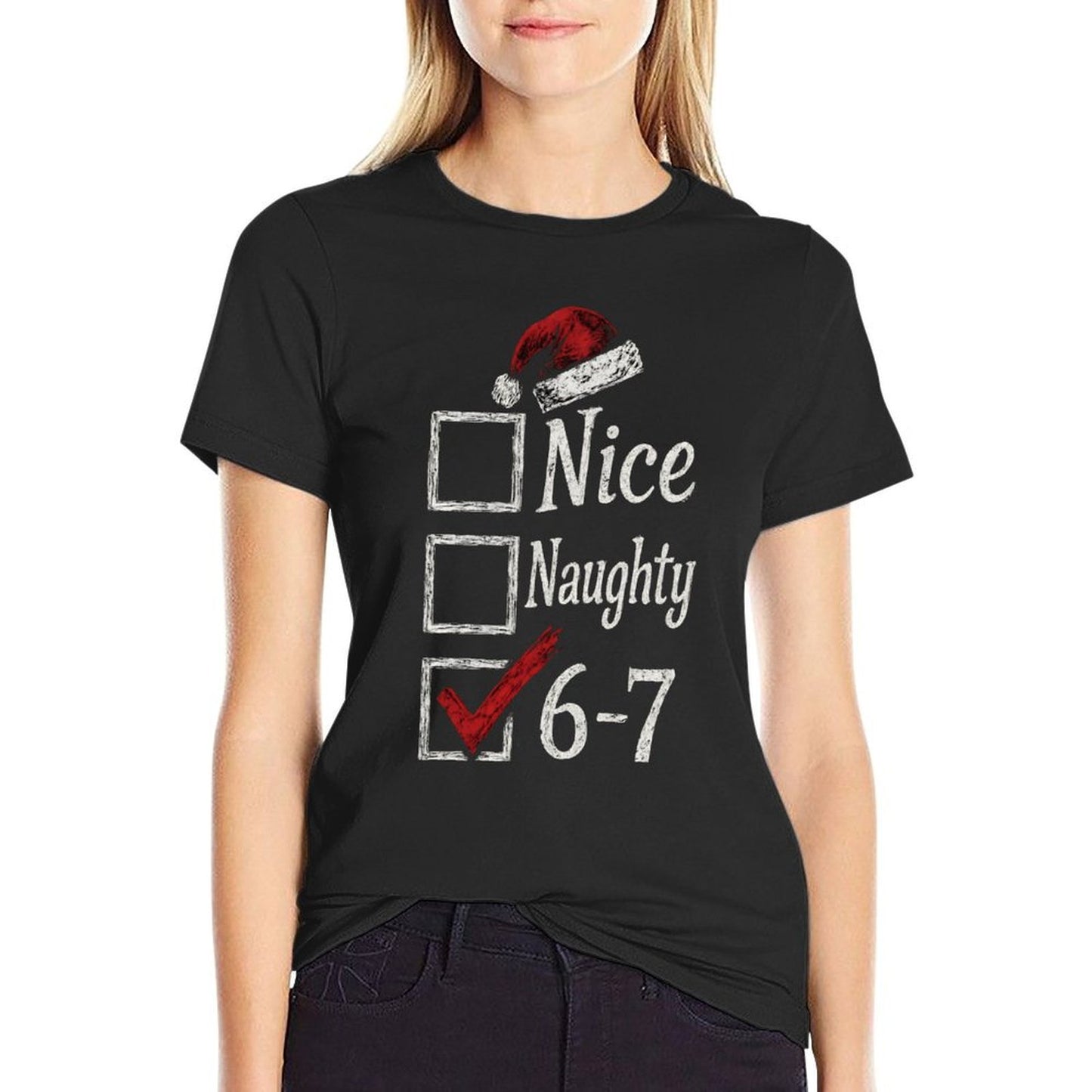 6-7 Meme Nice Naughty 67 Christmas Brain Rot Funny Graphic  Polyester Blend T-Shirt