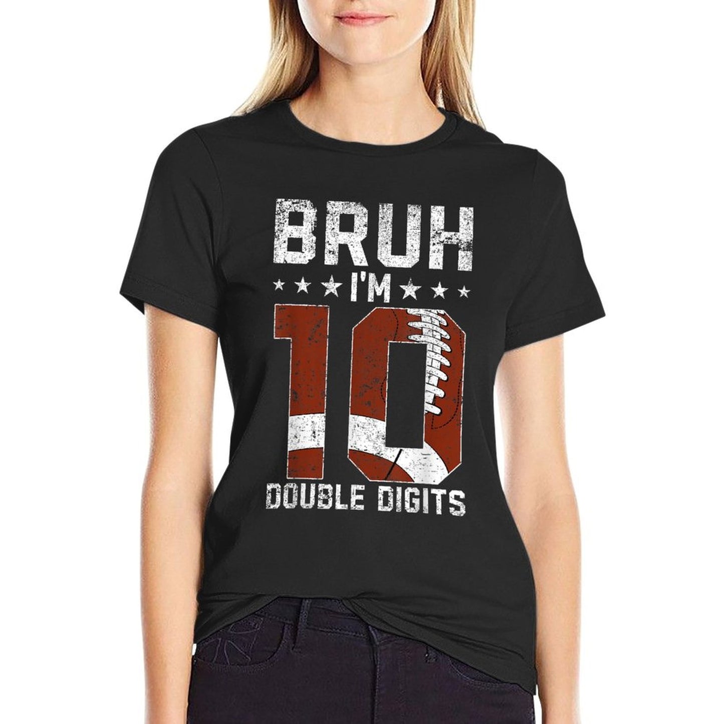 10th Birthday Football Bruh I&#39;m Double Digits 10 Years Old T-Shirt