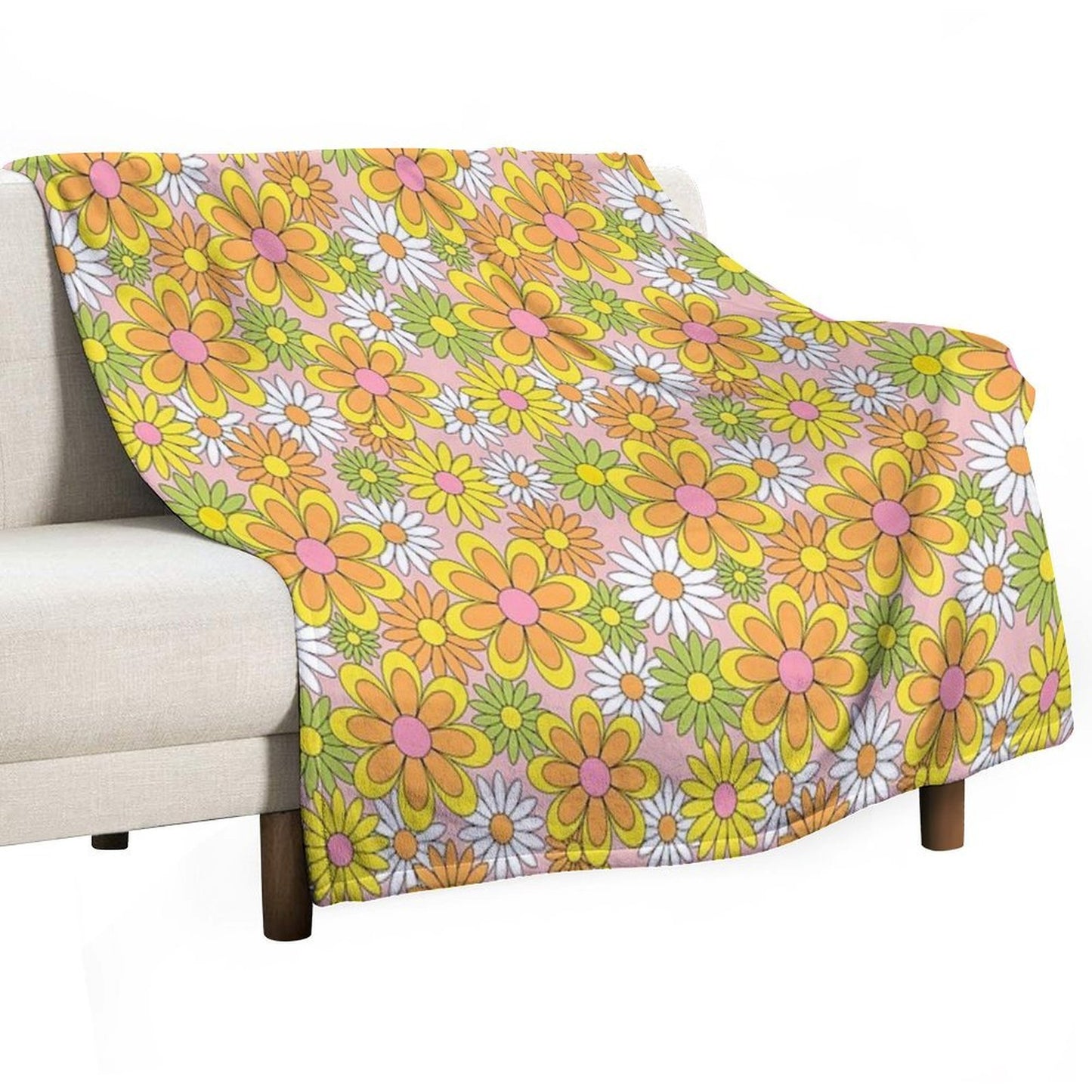 Vintage 70s Flower Power Orange, Pink & Yellow Retro Daisy Throw Blanket