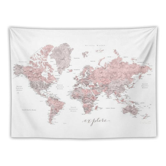 Explore - Dusty Pink And Grey Watercolor World Map, Detailed Tapestry
