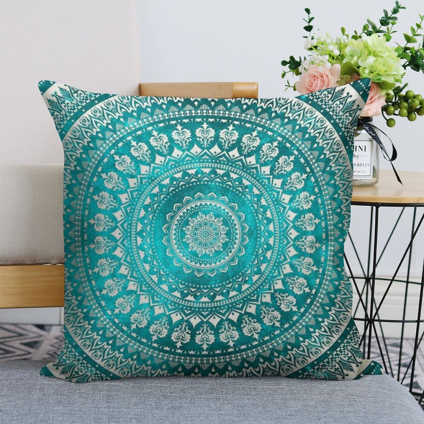 Mandala Turquoise Linen Throw Pillow Cover