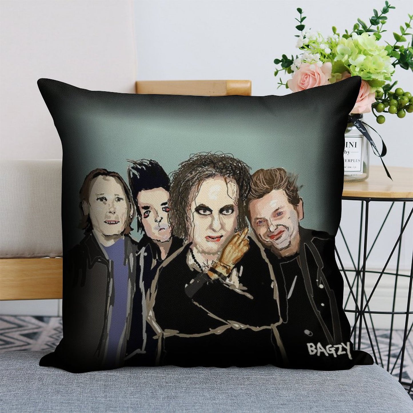Original Fan Art, Drawing by Bagzy, Goth Rock, Alternative Music, 80s Linen Throw Pillow Cover