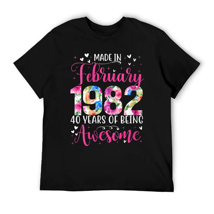 Womens 40th Birthday Floral Gift for Womens Born in February 1982  Cotton T-Shirt