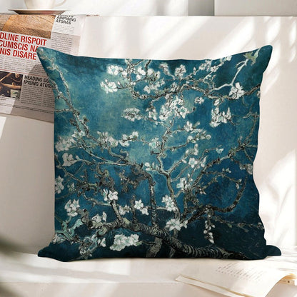 Van Gogh Almond Blossoms Dark Teal Linen Throw Pillow Cover