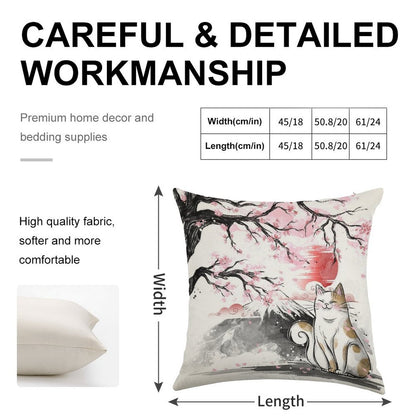Sakura Cat Linen Throw Pillow Cover