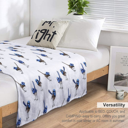 Blue Wrens, Scattered on White Throw Blanket