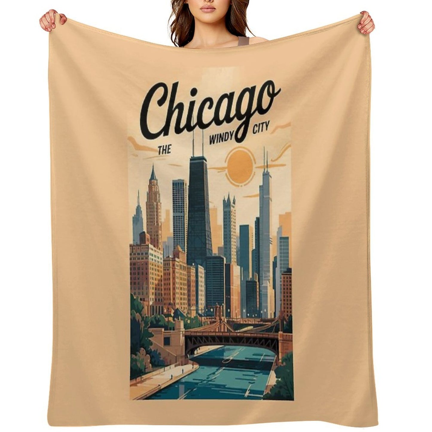 Chicago Illinois Skyline Travel Art Vintage Throw Blanket