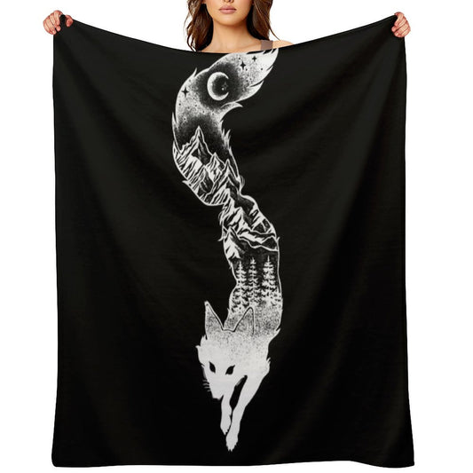 Fox Silhouette with Mountains, Trees & Moon T-Shirt Throw Blanket