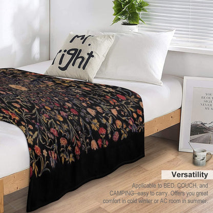 Medieval Flowers on Black Throw Blanket