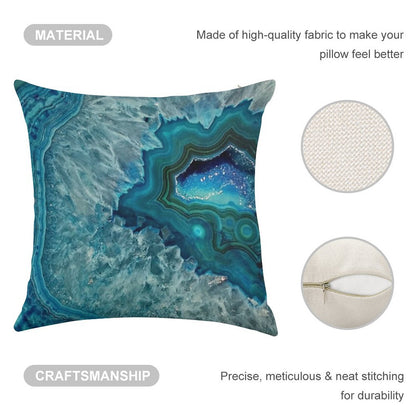 Teal Aqua Turquoise Blue Rock Agate Mineral Crystals Pattern Linen Throw Pillow Cover