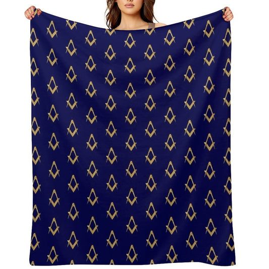 Freemason Pattern Gold Blue Square & Compass Masonic Throw Blanket