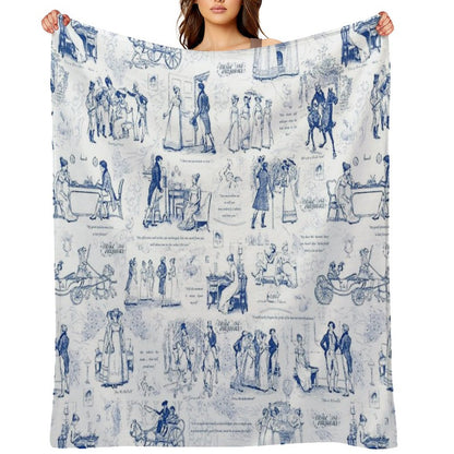 Pride And Prejudice Blue Toile Illustrations Quotes Pattern Throw Blanket