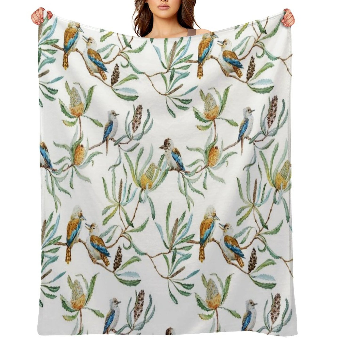 Australian Kookaburras, Waratah Flowers,  Leaves Pattern Throw Blanket