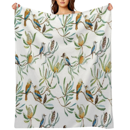 Australian Kookaburras, Waratah Flowers,  Leaves Pattern Throw Blanket
