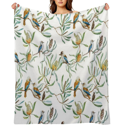 Australian Kookaburras, Waratah Flowers,  Leaves Pattern Throw Blanket