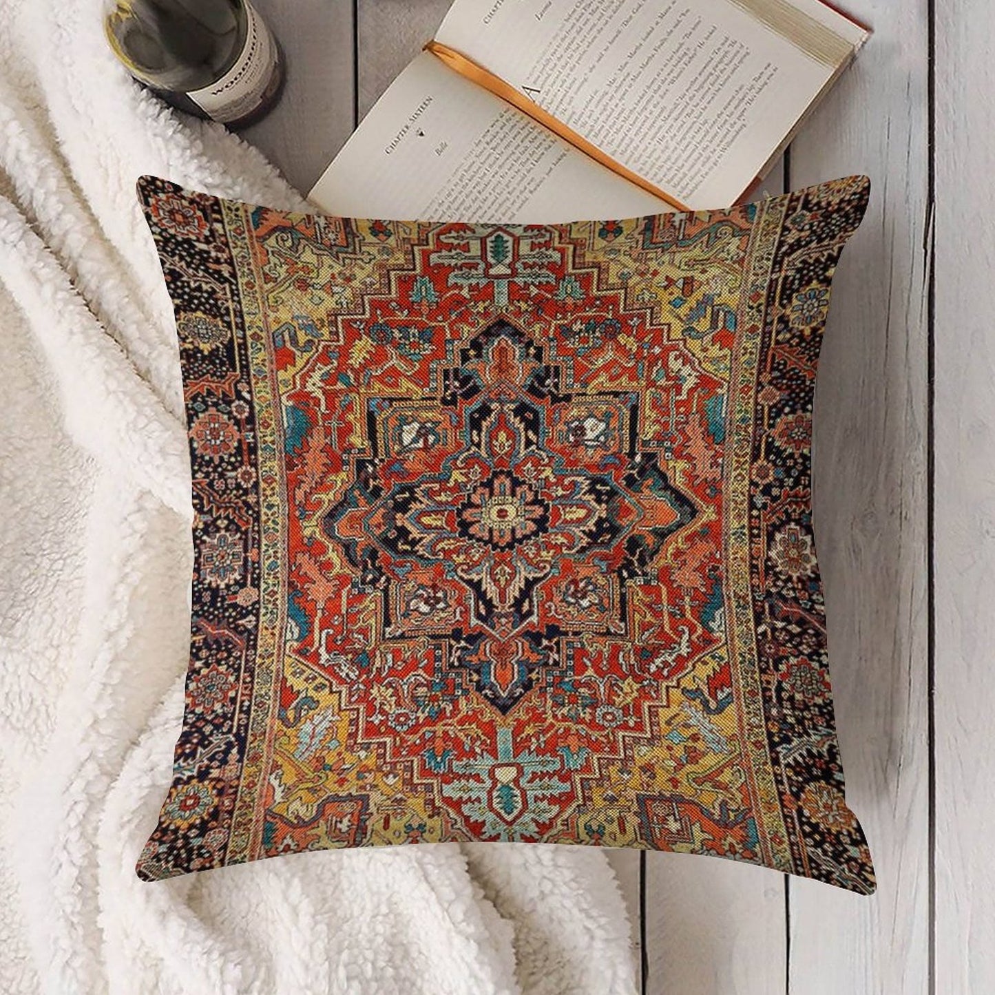 Heriz Persian Carpet Print Linen Throw Pillow Cover
