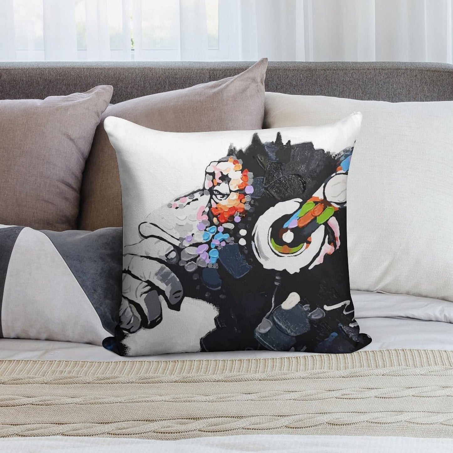 Banksy DJ Monkey Thinker with Headphones White Soft Home Decor Throw Pillow