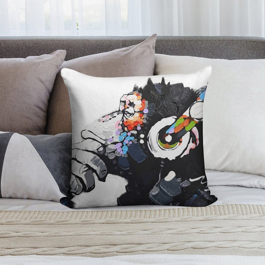 Banksy DJ Monkey Thinker with Headphones White Soft Home Decor Throw Pillow