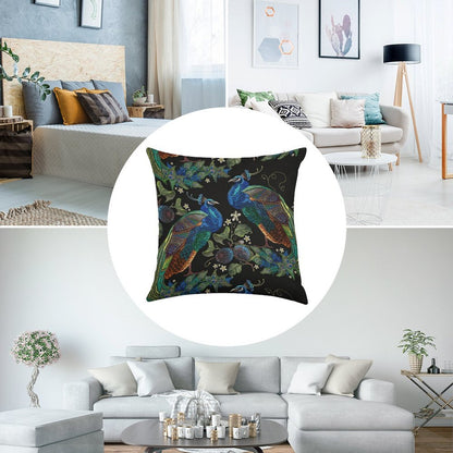 Embroidery Peacocks Linen Throw Pillow Cover