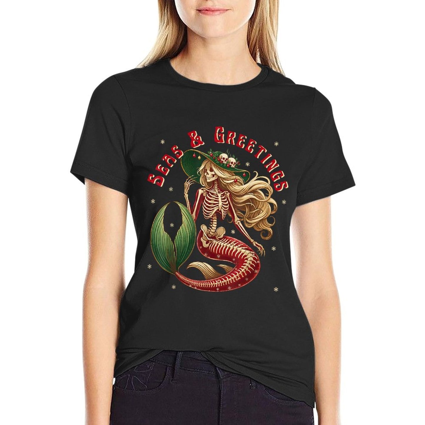 Skeleton Mermaid Christmas Gothic Coastal Beach Vibes Xmas  Vintage-inspired T-Shirt