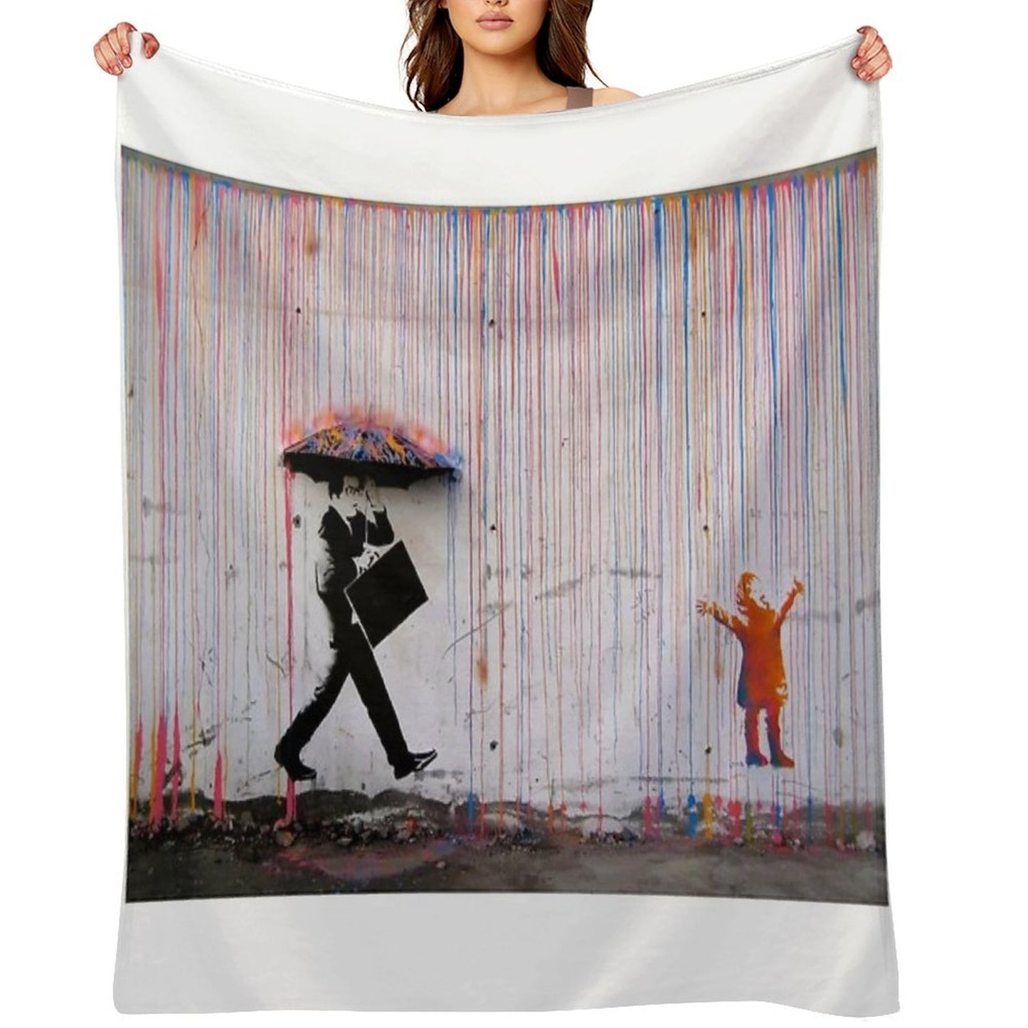 Banksy Umbrella Rainbow Happy Girl Throw Blanket