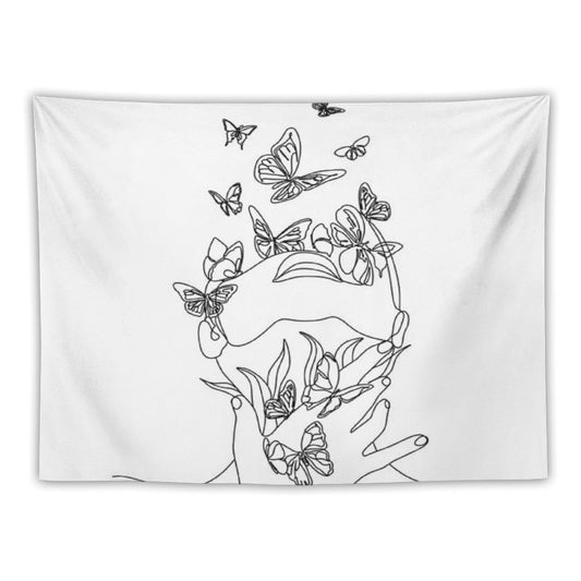 Abstract Face with Butterfly by One Line Drawing. Portrait Minimalistic Style.  Botanical Print. Nature Symbol of Cosmetics. Mod Tapestry